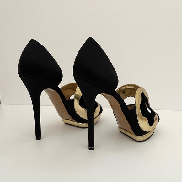 Nickolas Kirkwood Black Satin Gold Leather Pumps 39 - Picture 6 of 12